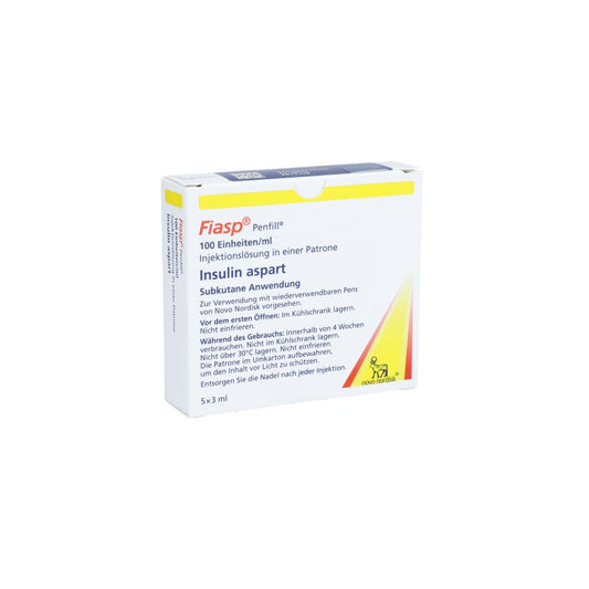 Das Produktfoto zeigt Fiasp 100 E/Ml Penfill Inj.-Lsg.In Patrone (5X3 ml) PZN 12595168