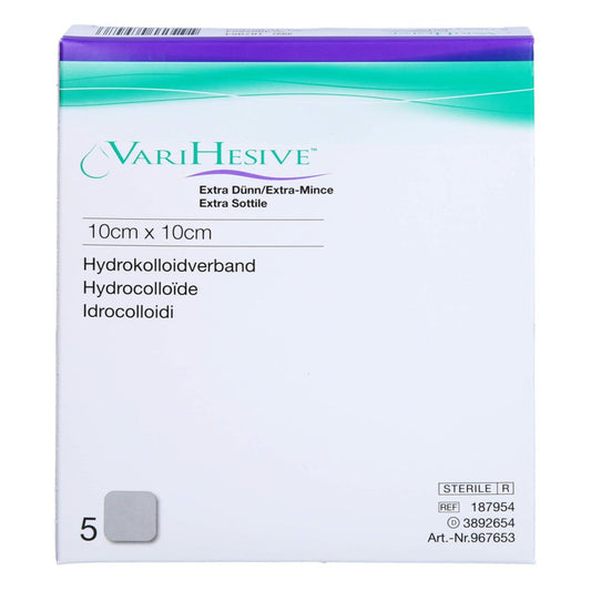 Das Produktfoto zeigt Varihesive Extra Dünn 10x10 Cm Hkv Hydroaktiv (5 stk) PZN 12596297