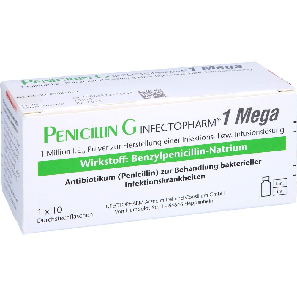 Das Produktfoto zeigt Penicillin G Infectopharm 1 Mega P.Z.H.E.Iil Dsfl. (10 stk) PZN 12602767