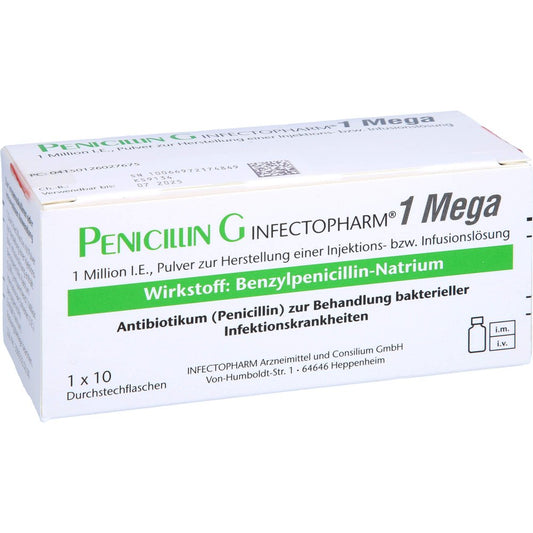 Das Produktfoto zeigt Penicillin G Infectopharm 1 Mega P.Z.H.E.Iil Dsfl. (10 stk) PZN 12602767