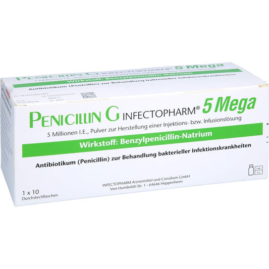 Das Produktfoto zeigt Penicillin G Infectopharm 5 Mega P.Z.H.E.Iil Dsfl. (10 stk) PZN 12602796