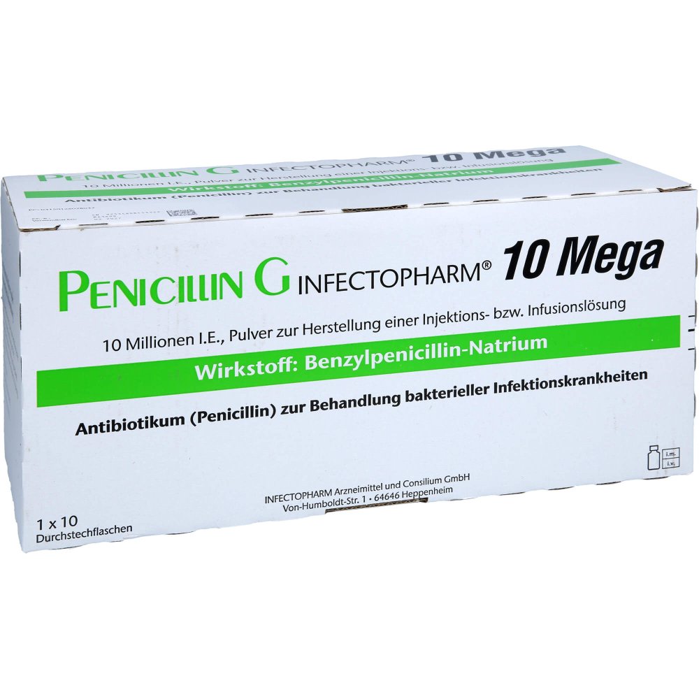 Das Produktfoto zeigt Penicillin G Infectopharm 10 Mega P.Z.H.E.Iil Dsfl (10 stk) PZN 12602804