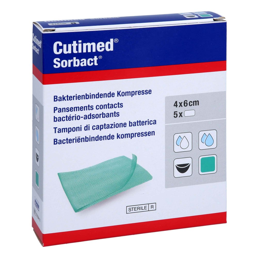 Das Produktfoto zeigt Cutimed Sorbact Kompressen 4x6 Cm (5 stk) PZN 12637961