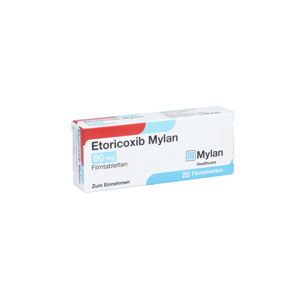 Das Produktfoto zeigt Etoricoxib Mylan 60 Mg Filmtabletten (20 stk) PZN 12643269