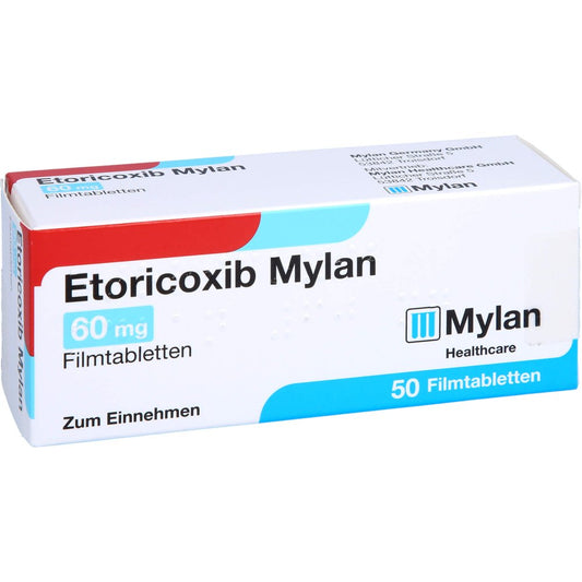 Das Produktfoto zeigt Etoricoxib Mylan 60 Mg Filmtabletten (50 stk) PZN 12643275