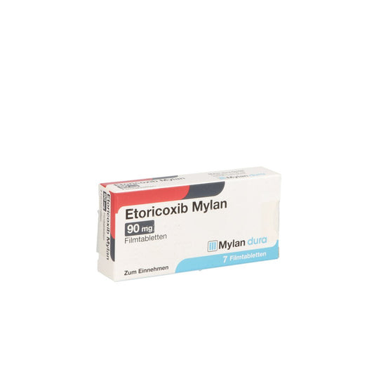 Das Produktfoto zeigt Etoricoxib Mylan 90 Mg Filmtabletten (7 stk) PZN 12643298