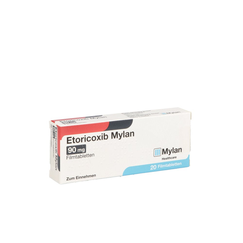 Das Produktfoto zeigt Etoricoxib Mylan 90 Mg Filmtabletten (20 stk) PZN 12643306