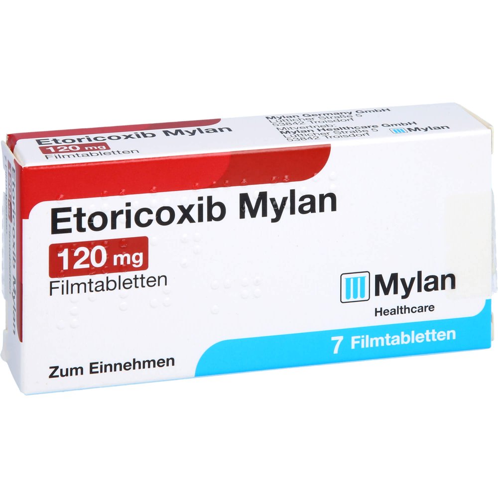 Das Produktfoto zeigt Etoricoxib Mylan 120 Mg Filmtabletten (7 stk) PZN 12643335
