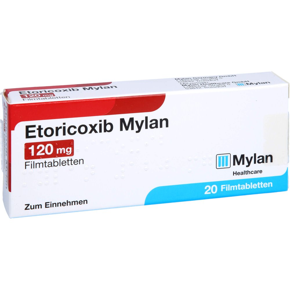 Das Produktfoto zeigt Etoricoxib Mylan 120 Mg Filmtabletten (20 stk) PZN 12643341