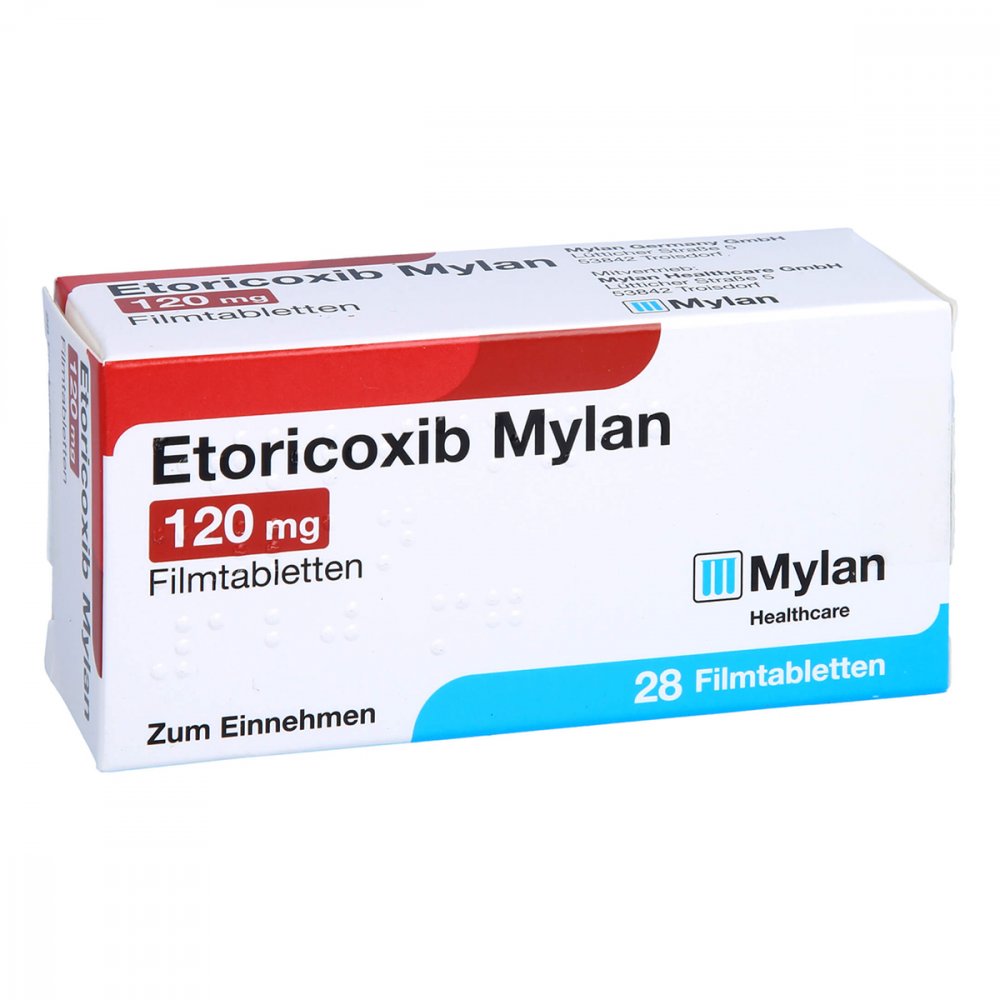 Das Produktfoto zeigt Etoricoxib Mylan 120 Mg Filmtabletten (28 stk) PZN 12643358