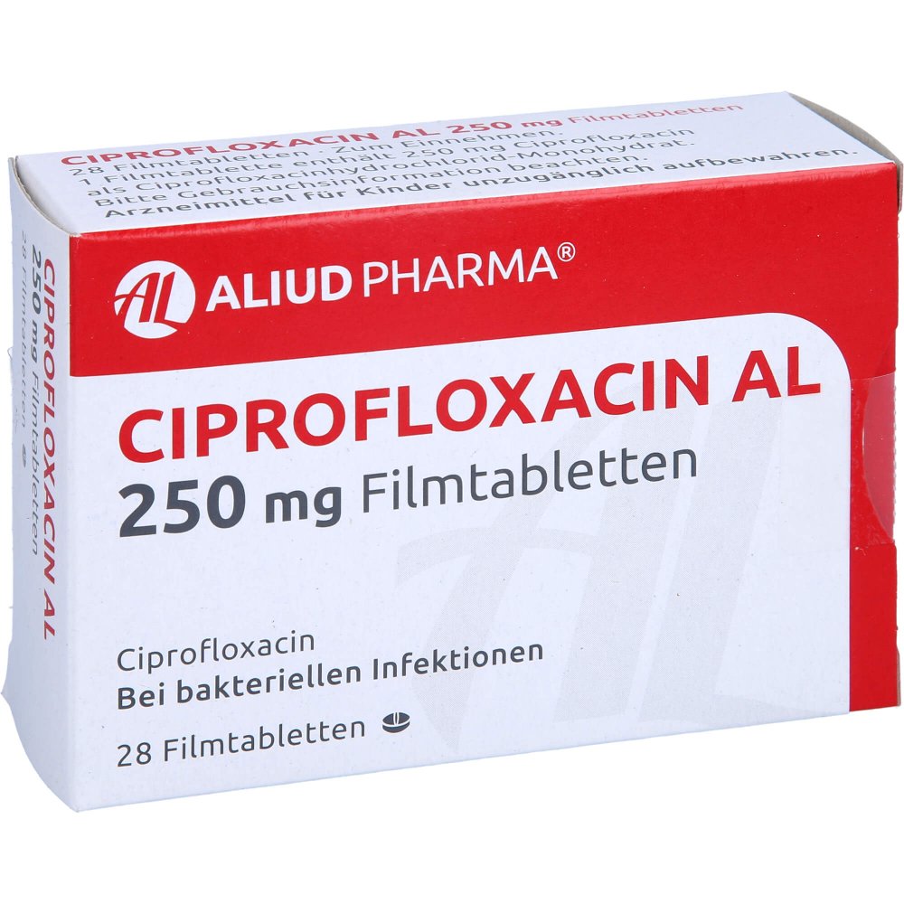 Das Produktfoto zeigt Ciprofloxacin Al 250 Mg Filmtabletten (28 stk) PZN 12644547