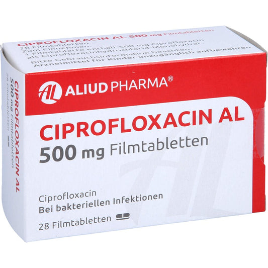 Das Produktfoto zeigt Ciprofloxacin Al 500 Mg Filmtabletten (28 stk) PZN 12644553