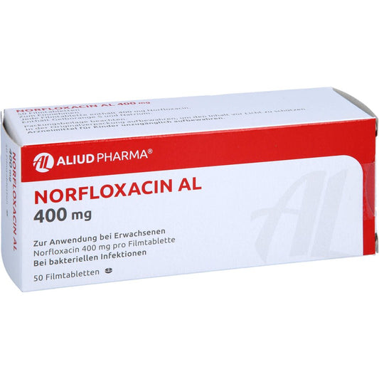 Das Produktfoto zeigt Norfloxacin Al 400 Mg Filmtabletten (50 stk) PZN 12644576