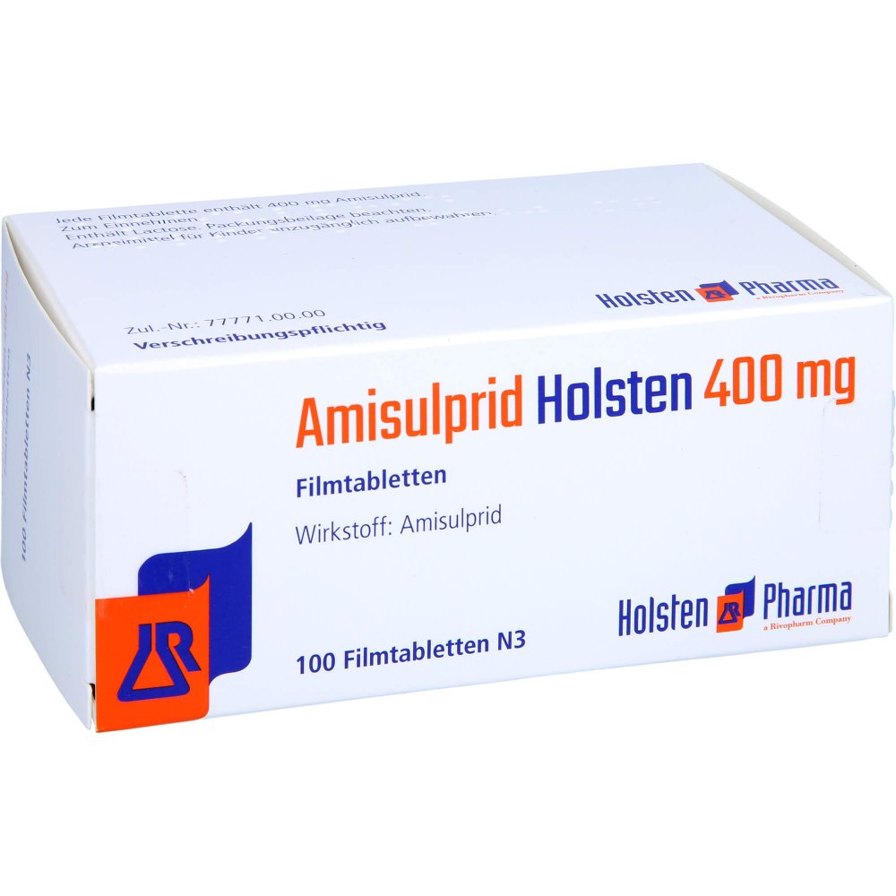 Das Produktfoto zeigt Amisulprid Holsten 400 Mg Filmtabletten (100 stk) PZN 12645328