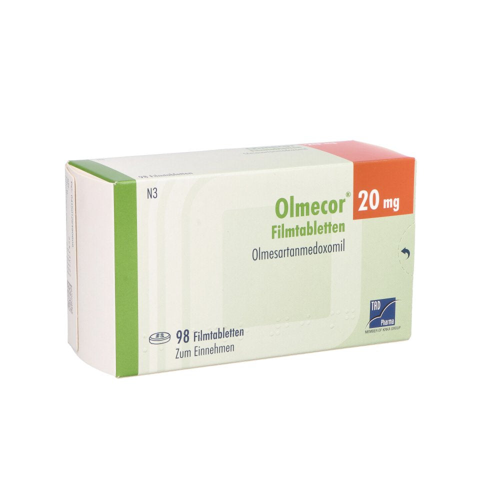 Das Produktfoto zeigt Olmecor 20 Mg Filmtabletten (98 stk) PZN 12648060