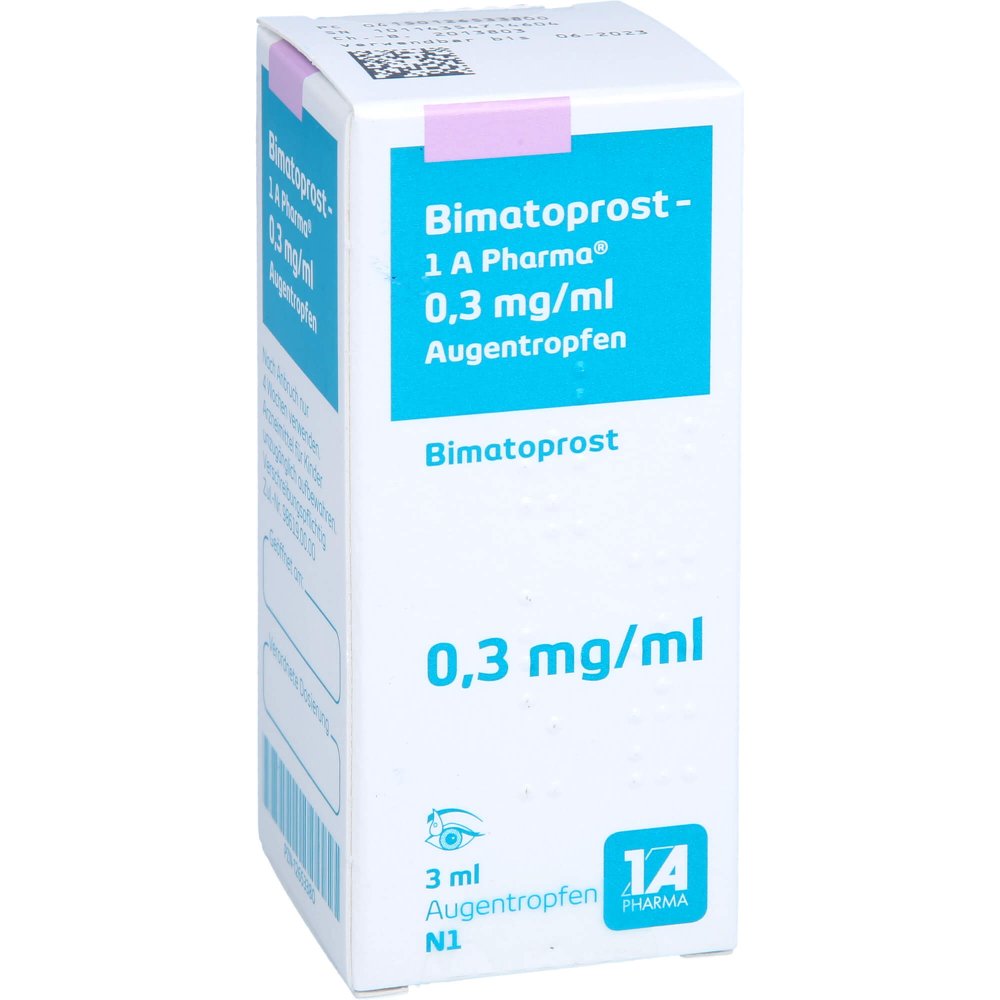 Das Produktfoto zeigt Bimatoprost-1a Pharma 0,3 Mg/Ml Augentropfen (1X3 ml) PZN 12653380