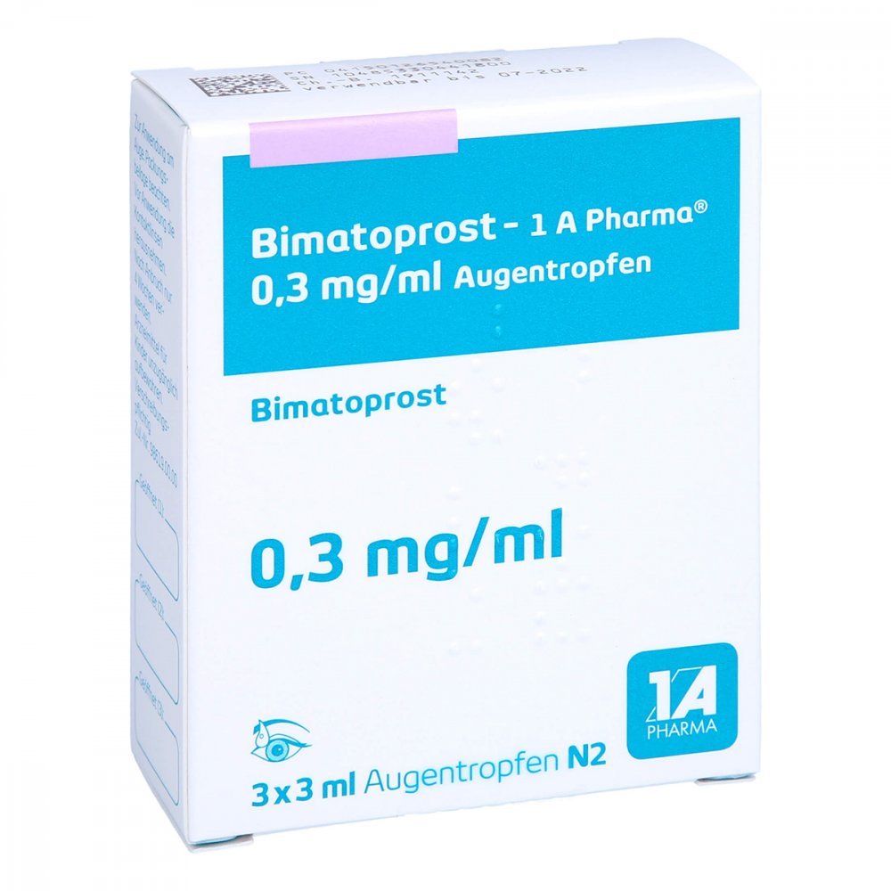 Das Produktfoto zeigt Bimatoprost-1a Pharma 0,3 Mg/Ml Augentropfen (3X3 ml) PZN 12654008