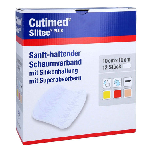 Das Produktfoto zeigt Cutimed Siltec Plus Schaumverb.10x10 Cm Haftend (12 stk) PZN 12655166