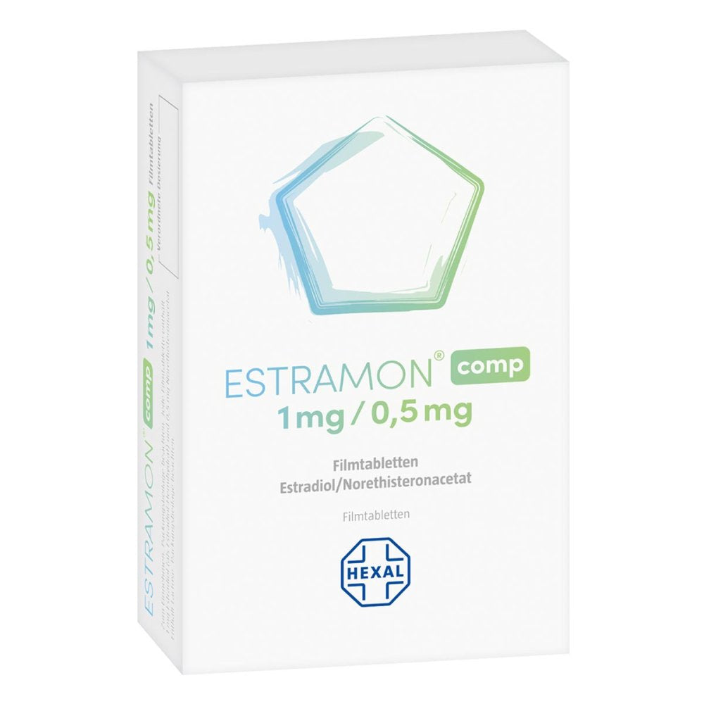 Das Produktfoto zeigt Estramon Comp 1 Mg/0,5 Mg Filmtabletten (28 stk) PZN 12667761