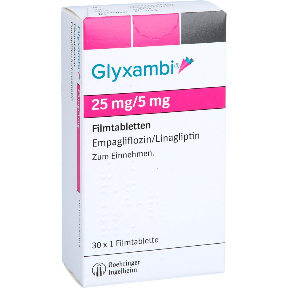 Das Produktfoto zeigt Glyxambi 25 Mg/5 Mg Filmtabletten (30 stk) PZN 12668890