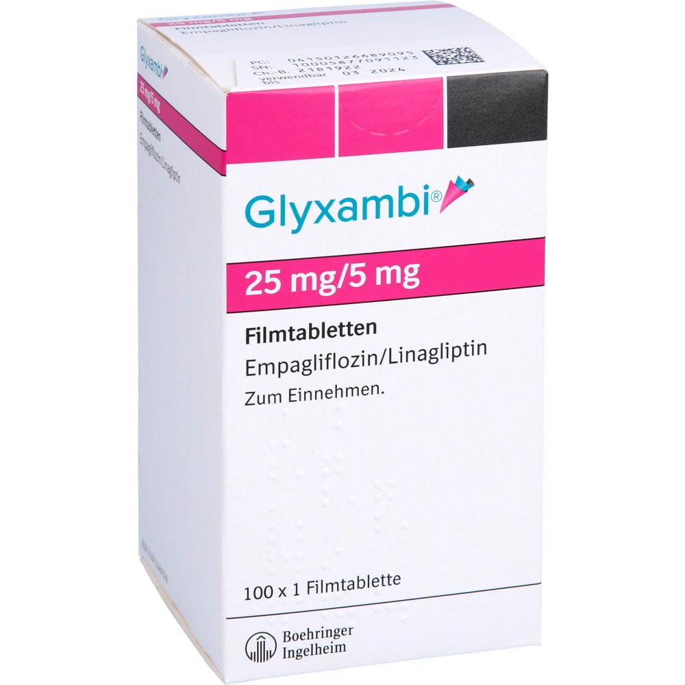 Das Produktfoto zeigt Glyxambi 25 Mg/5 Mg Filmtabletten (100 stk) PZN 12668909