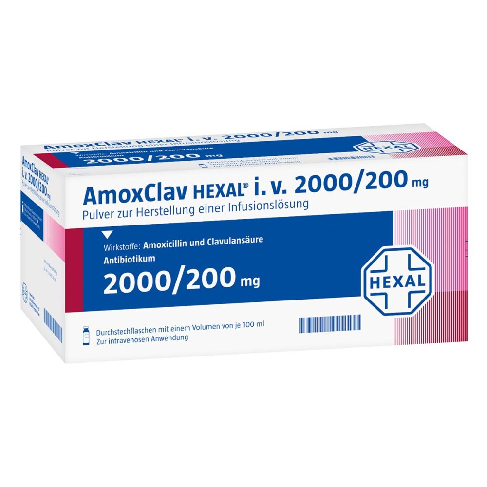 Das Produktfoto zeigt Amoxclav Hexal I.V.2000/200 Mg P.Z.Her.E.Inf.-Lsg. (10 stk) PZN 12671998