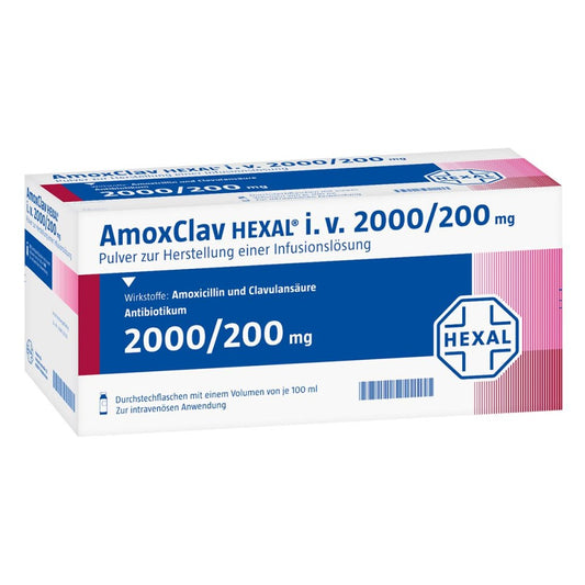 Das Produktfoto zeigt Amoxclav Hexal I.V.2000/200 Mg P.Z.Her.E.Inf.-Lsg. (10 stk) PZN 12671998