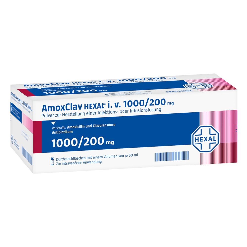 Das Produktfoto zeigt Amoxclav Hexal I.V.1000/200 Mg P.Z.H.Inj.-/Inf.-L. (10 stk) PZN 12672006