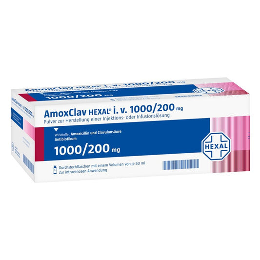 Das Produktfoto zeigt Amoxclav Hexal I.V.1000/200 Mg P.Z.H.Inj.-/Inf.-L. (10 stk) PZN 12672006