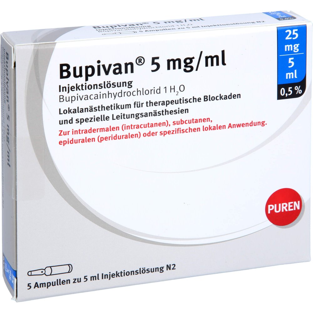 Das Produktfoto zeigt Bupivan 0,5% 5 Mg/Ml Inj.L.25mg/5ml Glasamp. (5X5 ml) PZN 12675950