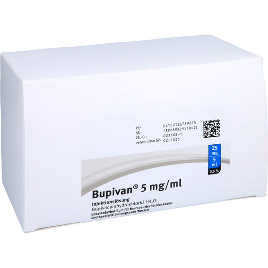 Das Produktfoto zeigt Bupivan 0,5% 5 Mg/Ml Inj.L.25mg/5ml Glasamp. (50X5 ml) PZN 12675967