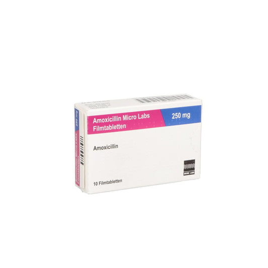 Das Produktfoto zeigt Amoxicillin Micro Labs 250 Mg Filmtabletten (10 stk) PZN 12725211