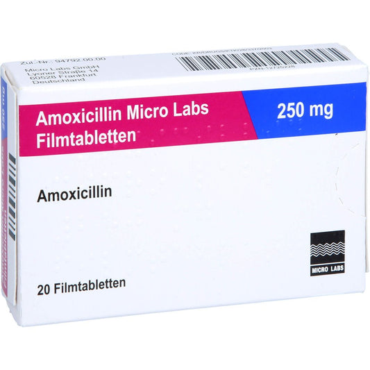 Das Produktfoto zeigt Amoxicillin Micro Labs 250 Mg Filmtabletten (20 stk) PZN 12725228