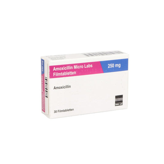 Das Produktfoto zeigt Amoxicillin Micro Labs 250 Mg Filmtabletten (30 stk) PZN 12725234
