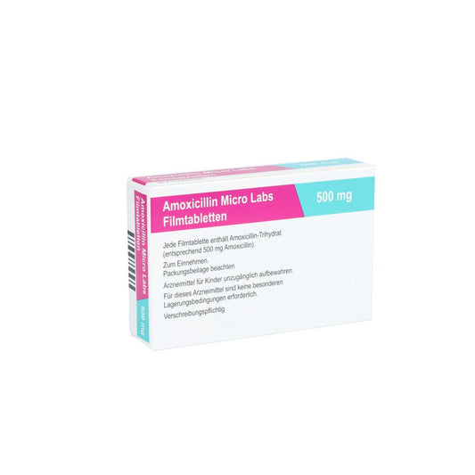 Das Produktfoto zeigt Amoxicillin Micro Labs 500 Mg Filmtabletten (30 stk) PZN 12725263