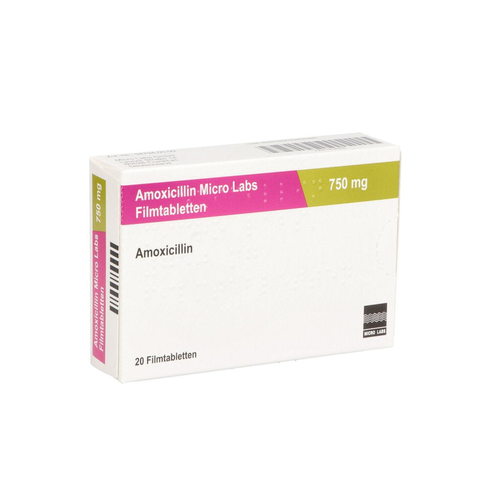 Das Produktfoto zeigt Amoxicillin Micro Labs 750 Mg Filmtabletten (20 stk) PZN 12725292