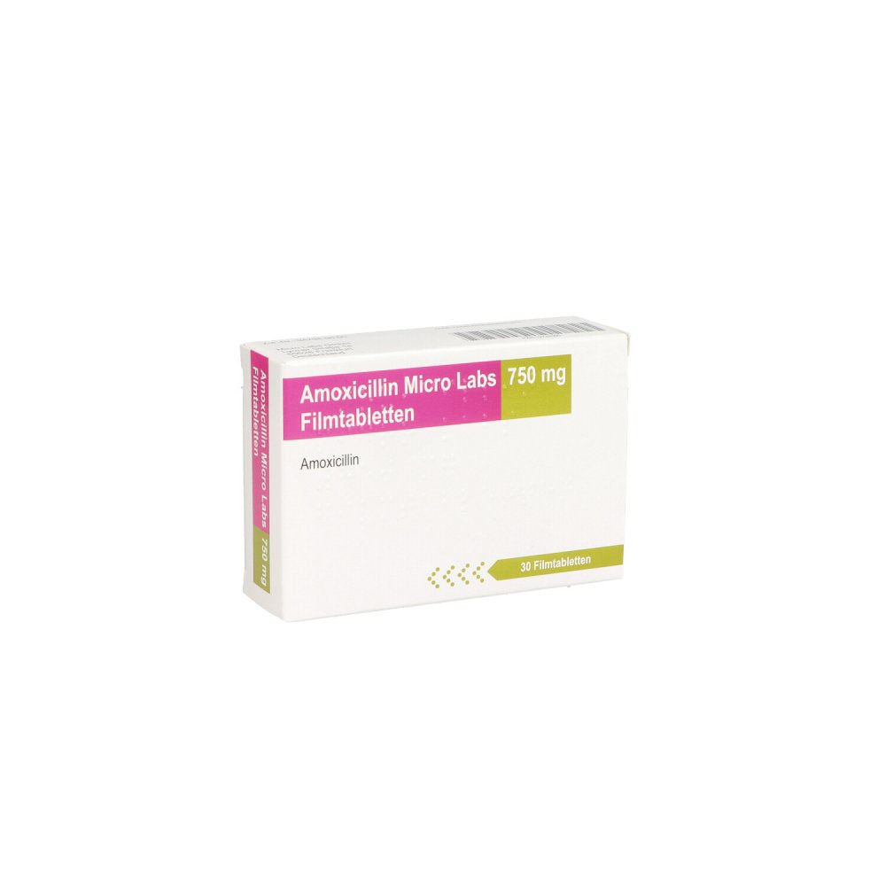 Das Produktfoto zeigt Amoxicillin Micro Labs 750 Mg Filmtabletten (30 stk) PZN 12725300