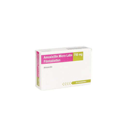 Das Produktfoto zeigt Amoxicillin Micro Labs 750 Mg Filmtabletten (30 stk) PZN 12725300