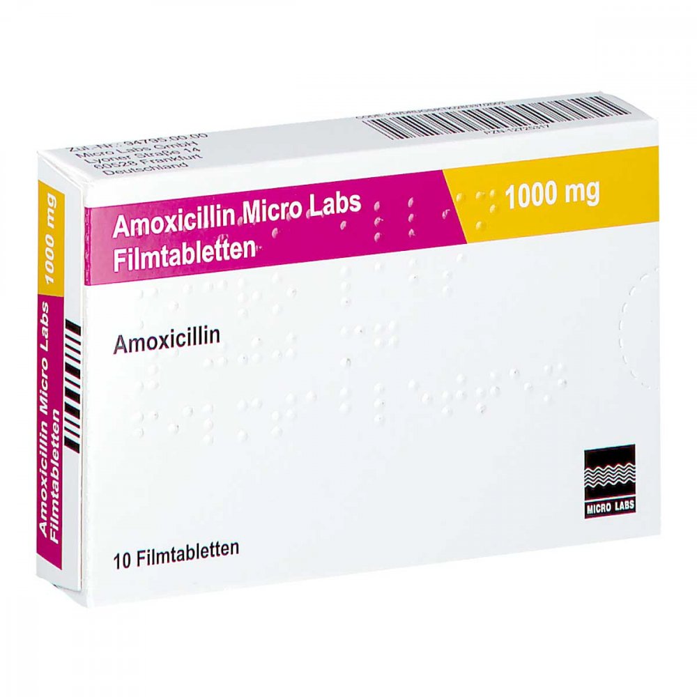 Das Produktfoto zeigt Amoxicillin Micro Labs 1000 Mg Filmtabletten (10 stk) PZN 12725317