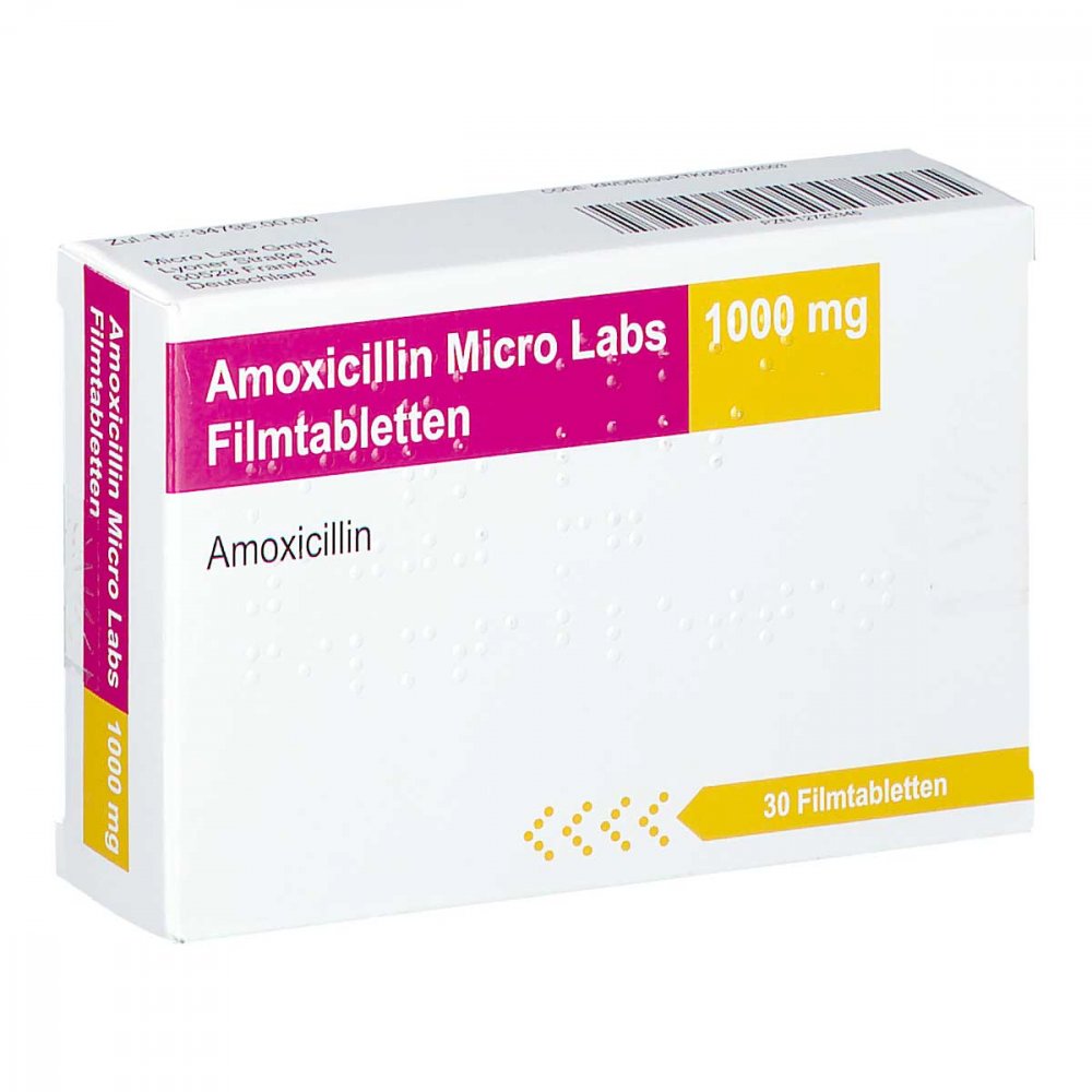 Das Produktfoto zeigt Amoxicillin Micro Labs 1000 Mg Filmtabletten (30 stk) PZN 12725346