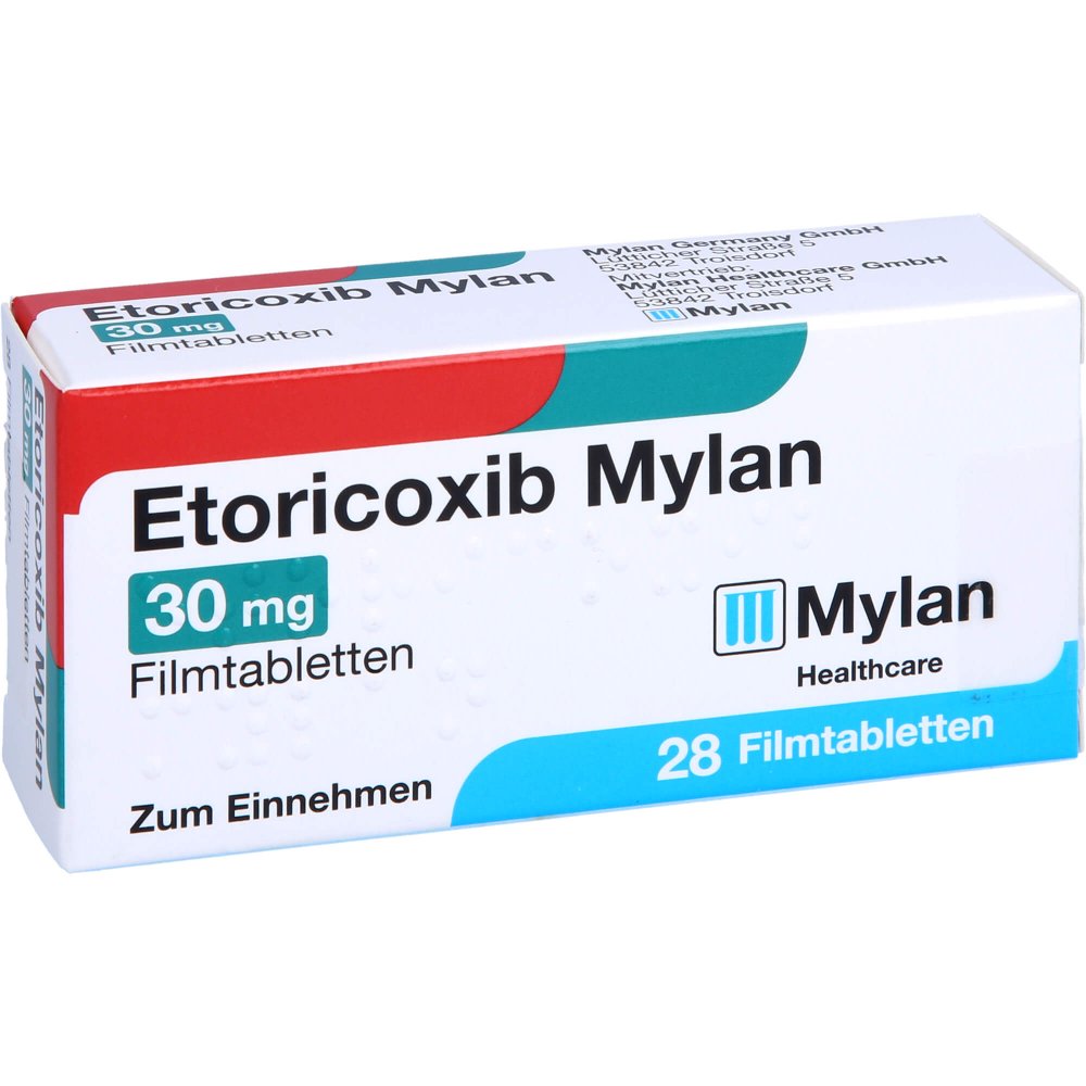 Das Produktfoto zeigt Etoricoxib Mylan 30 Mg Filmtabletten (28 stk) PZN 12726860