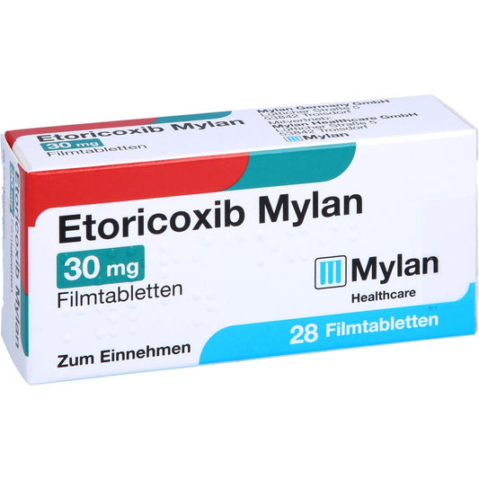 Das Produktfoto zeigt Etoricoxib Mylan 30 Mg Filmtabletten (28 stk) PZN 12726860