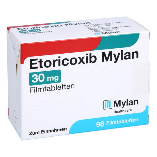 Das Produktfoto zeigt Etoricoxib Mylan 30 Mg Filmtabletten (98 stk) PZN 12726877