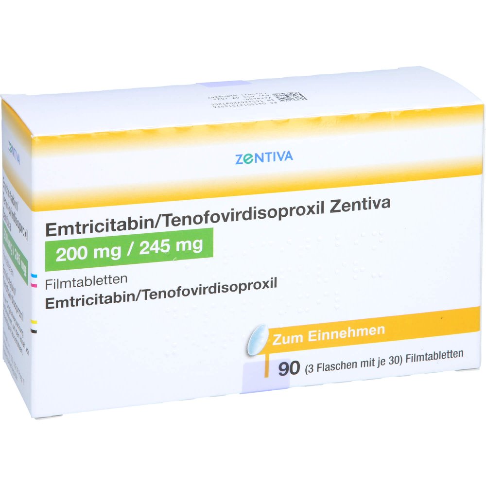 Das Produktfoto zeigt Emtricitabin/Tenofovirdisoproxil Zentiva 200/245mg (3X30 stk) PZN 12731499
