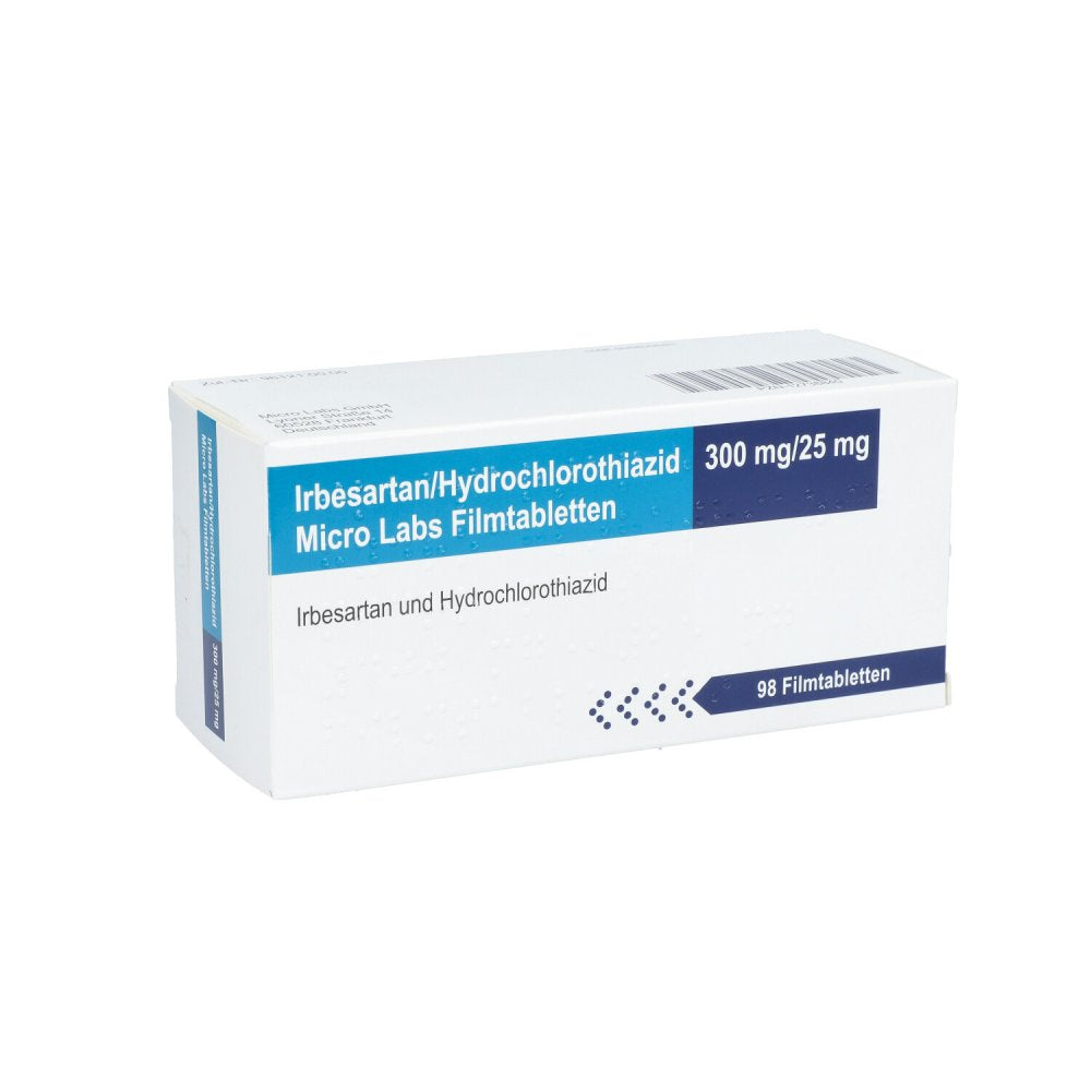 Das Produktfoto zeigt Irbesartan/Hydrochlorothiazid Micro Labs 300/25mg (98 stk) PZN 12738840