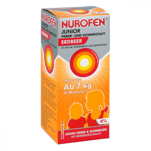Das Produktfoto zeigt Nurofen Junior Fieber-U.Schmerzsaft Erdbe.40 Mg/Ml (150 ml) PZN 12741888