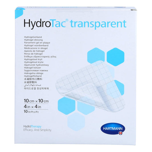 Das Produktfoto zeigt Hydrotac Transparent Hydrogelverb.10x10 Cm (10 stk) PZN 12801691