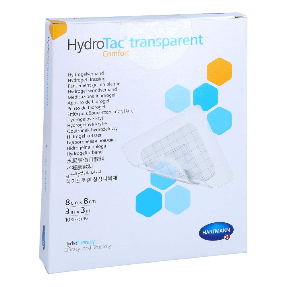 Das Produktfoto zeigt Hydrotac Transparent Comfort Hydrogelv.8x8 Cm (10 stk) PZN 12801739