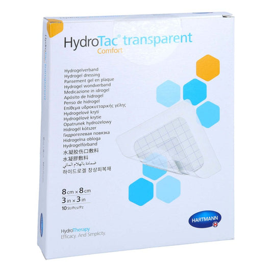 Das Produktfoto zeigt Hydrotac Transparent Comfort Hydrogelv.8x8 Cm (10 stk) PZN 12801739