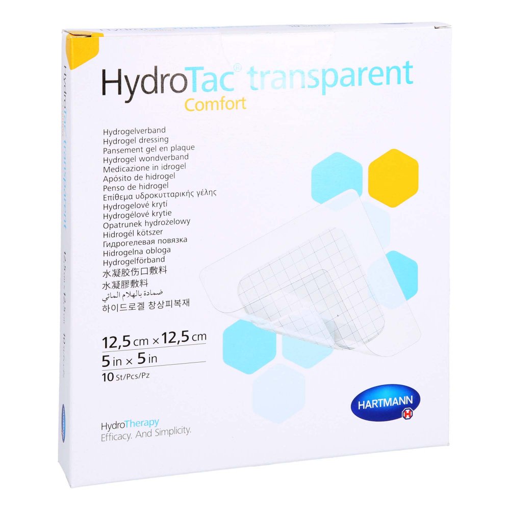 Das Produktfoto zeigt Hydrotac Transparent Comfort Hydrogelv.12,5x12,5cm (10 stk) PZN 12801745